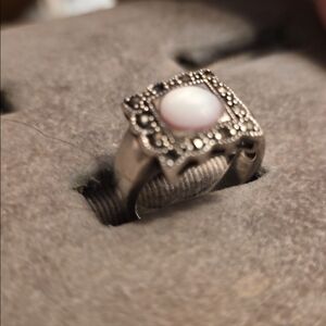 10k Stmpd Square Thick Pnk MOP Framed Lace White Gold Old Ring 6.5 428 AU